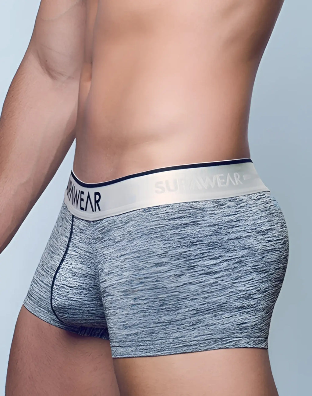 Gray heathered supawear hero trunk underwear featuring a white waistband with black brand lettering