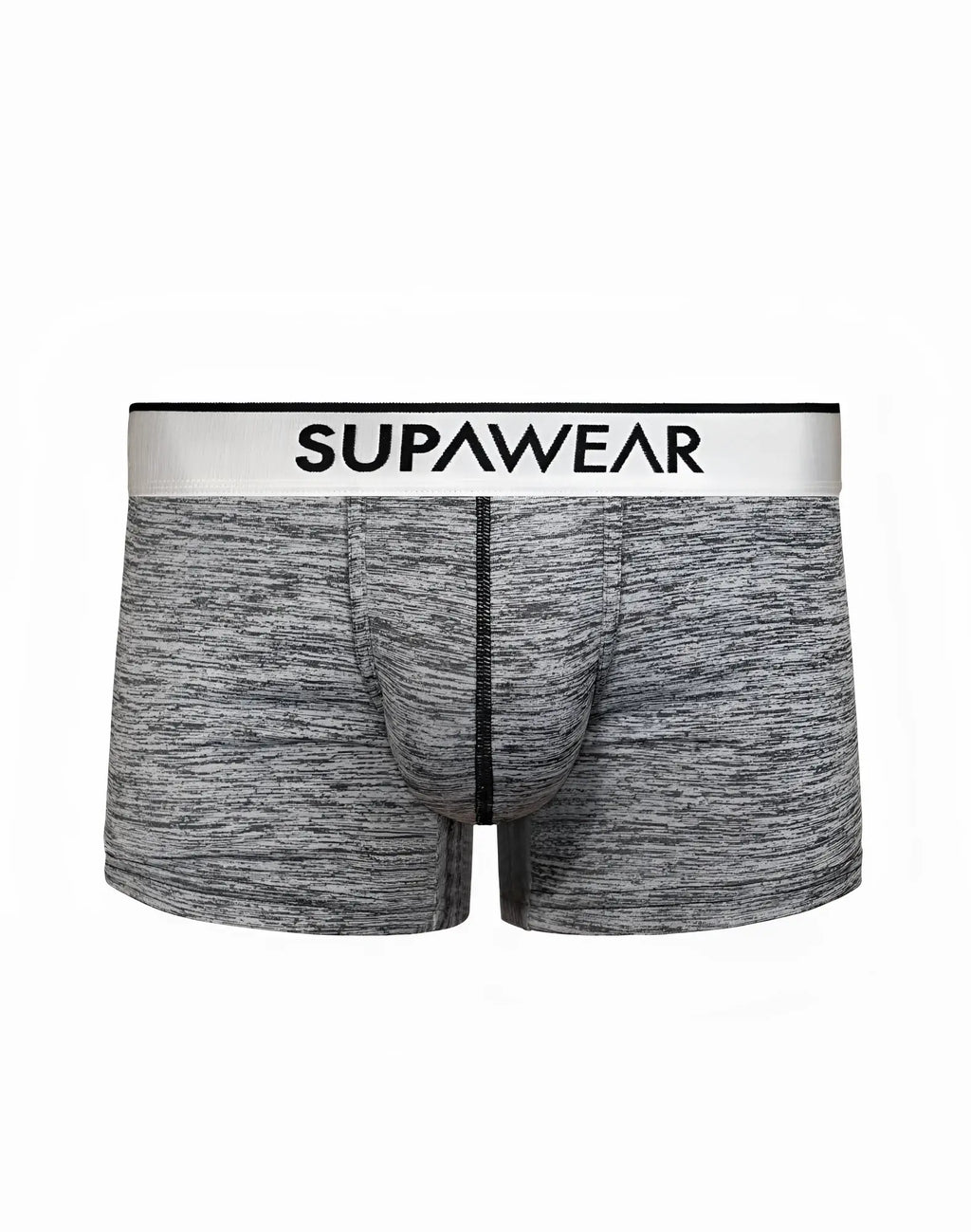 Gray heathered supawear hero trunk underwear boxer briefs with a white waistband and black lettering in black color
