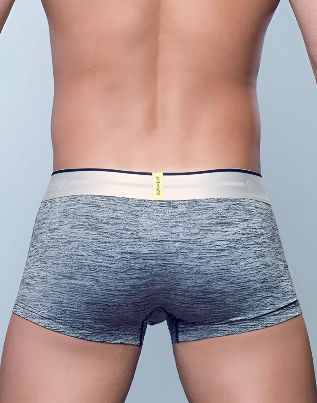 Gray heathered boxer briefs with a white waistband and navy trim featuring shear branding from supawear hero trunk underwear black