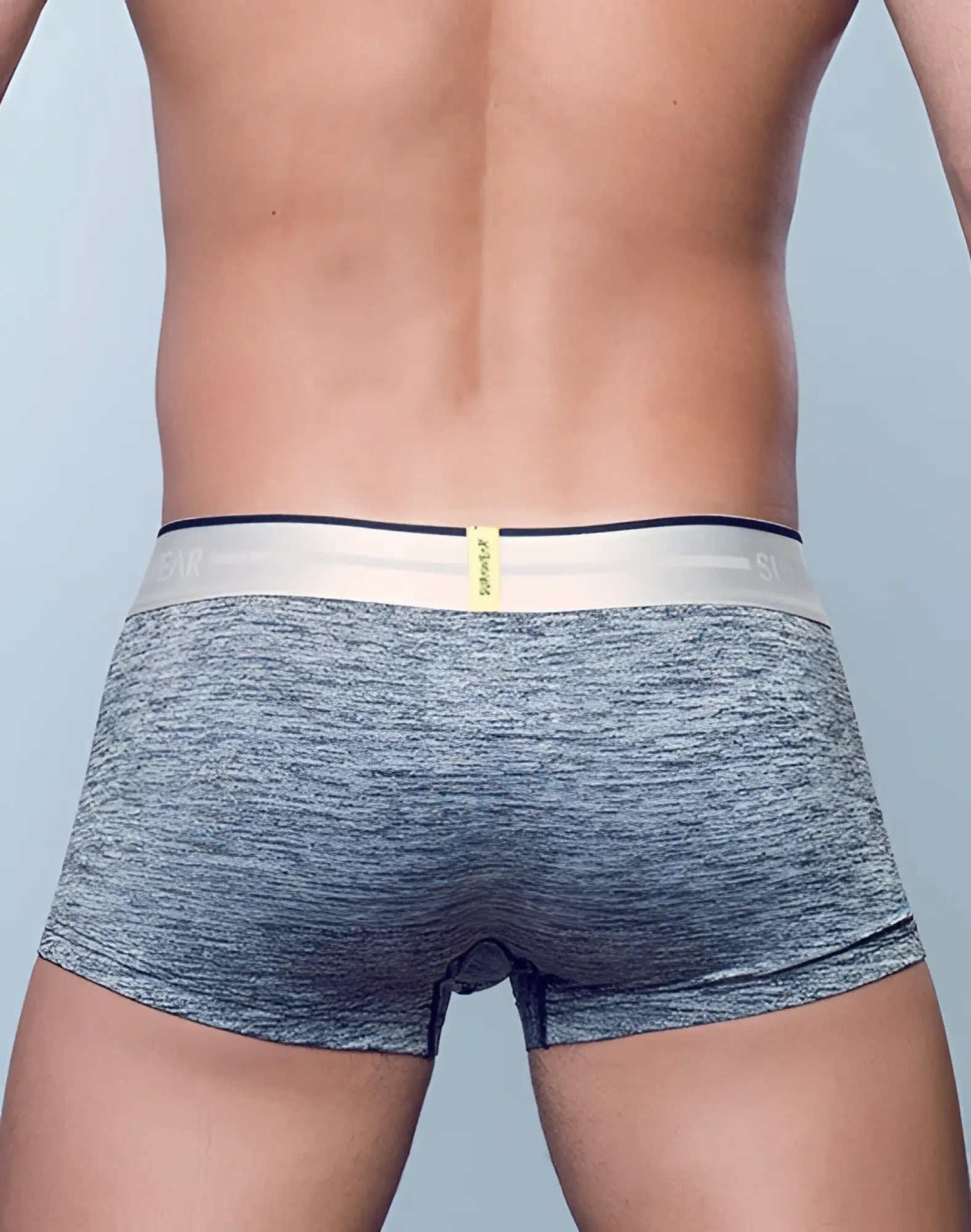 Gray heathered boxer briefs with a white waistband and navy trim featuring shear branding from supawear hero trunk underwear black
