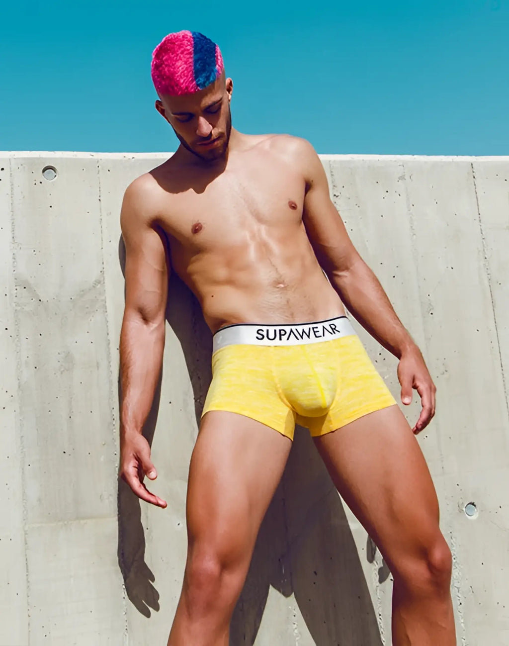 Yellow supawear hero trunk boxer briefs with a white waistband featuring black supawear branding