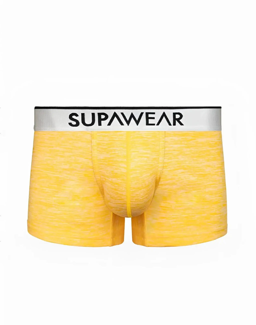 Yellow heathered supawear hero trunk boxer briefs with white waistband and black lettering in a front view