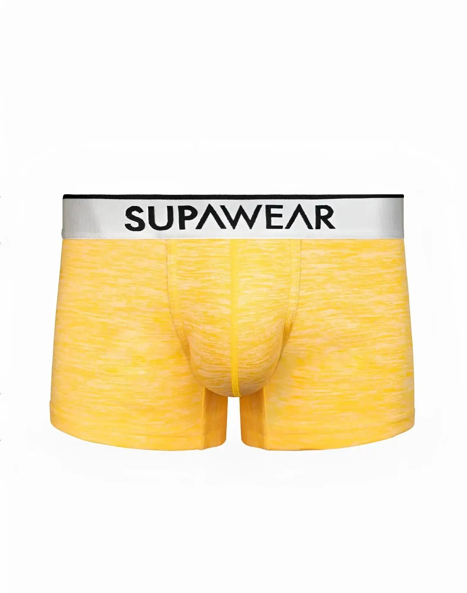 Yellow heathered supawear hero trunk boxer briefs with white waistband and black lettering in a front view