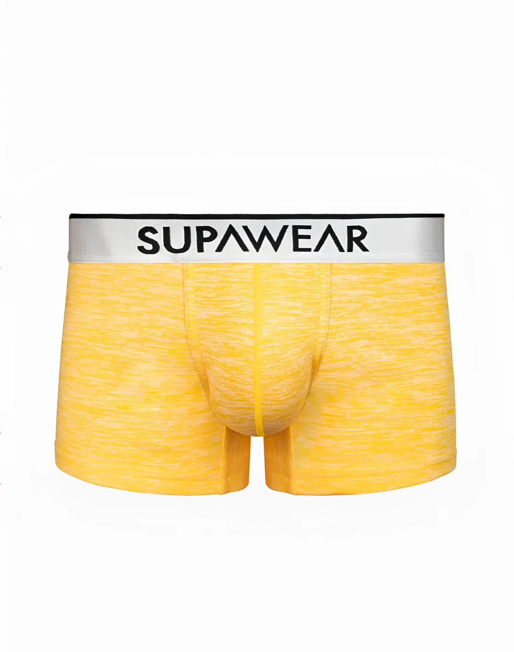 Yellow heathered supawear hero trunk boxer briefs with white waistband and black lettering in a front view
