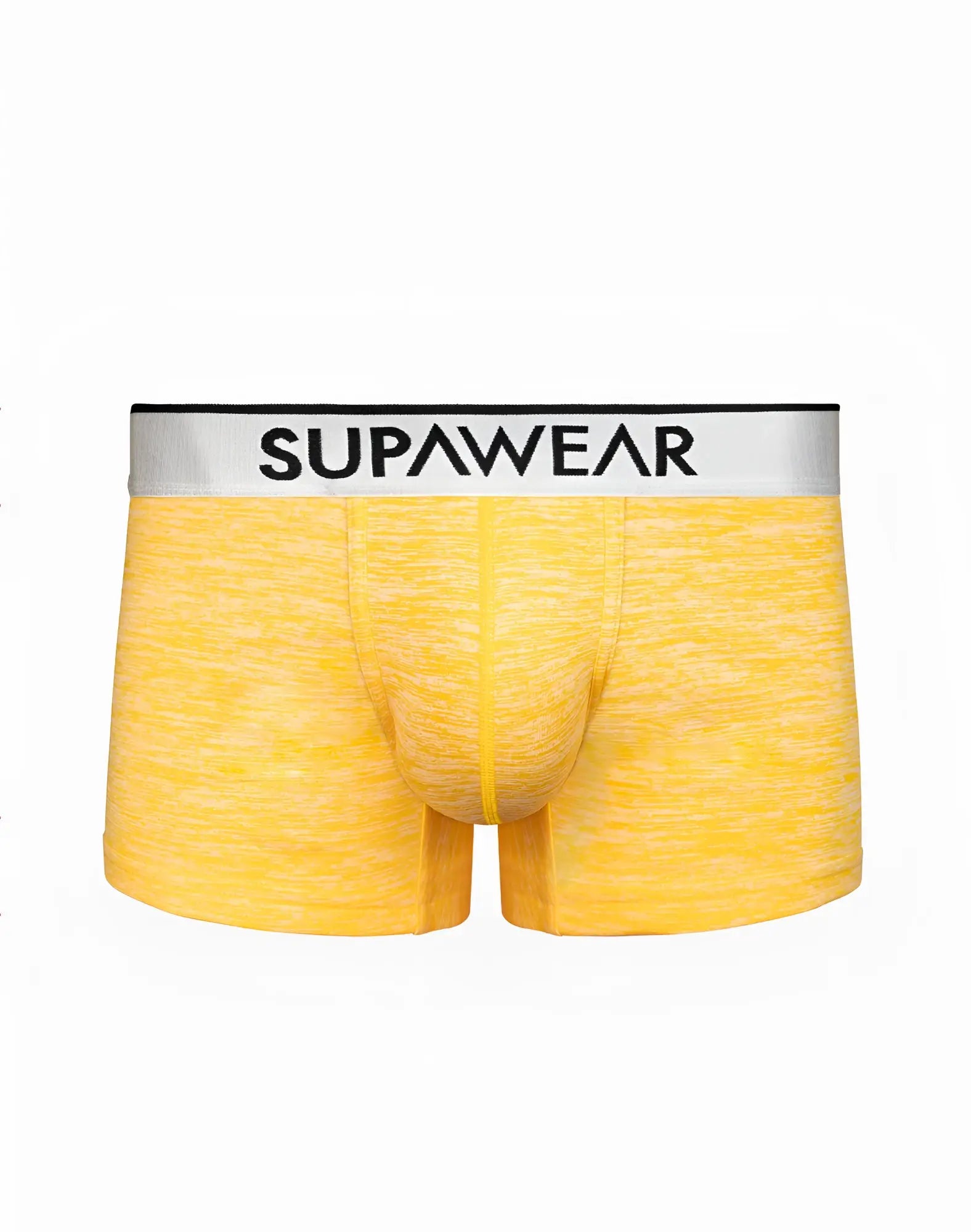 Yellow heathered supawear hero trunk boxer briefs with white waistband and black lettering in a front view