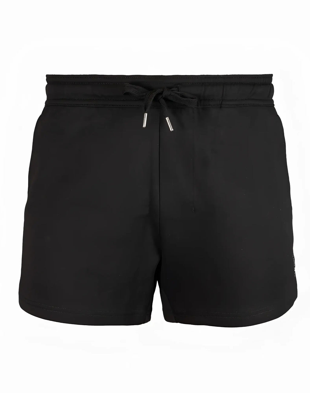 SupaWear black jersey shorts with drawstring waistband and silver-toned aglets in lightweight athletic fabric