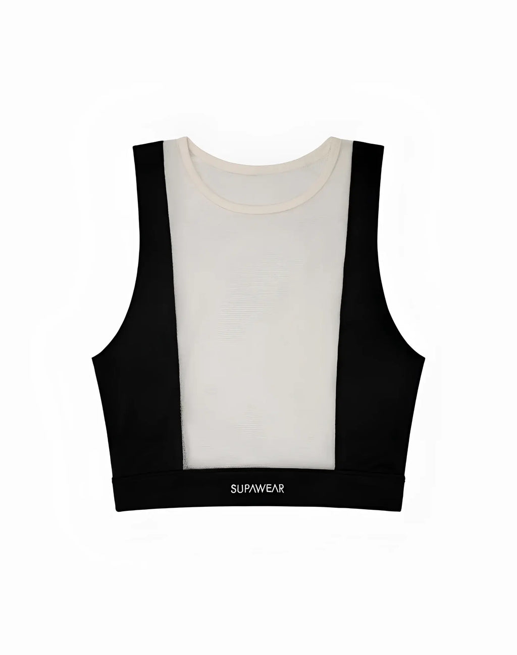 Black and cream cropped sports bra with sleek mesh dual tone panels from SUPAWEAR for active wear