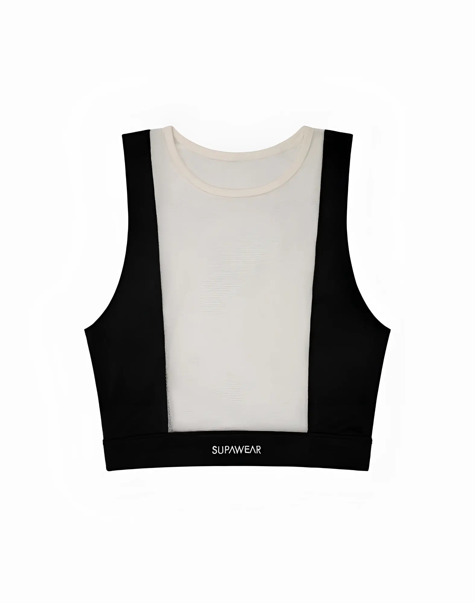 Black and cream cropped sports bra with sleek mesh dual tone panels from SUPAWEAR for active wear