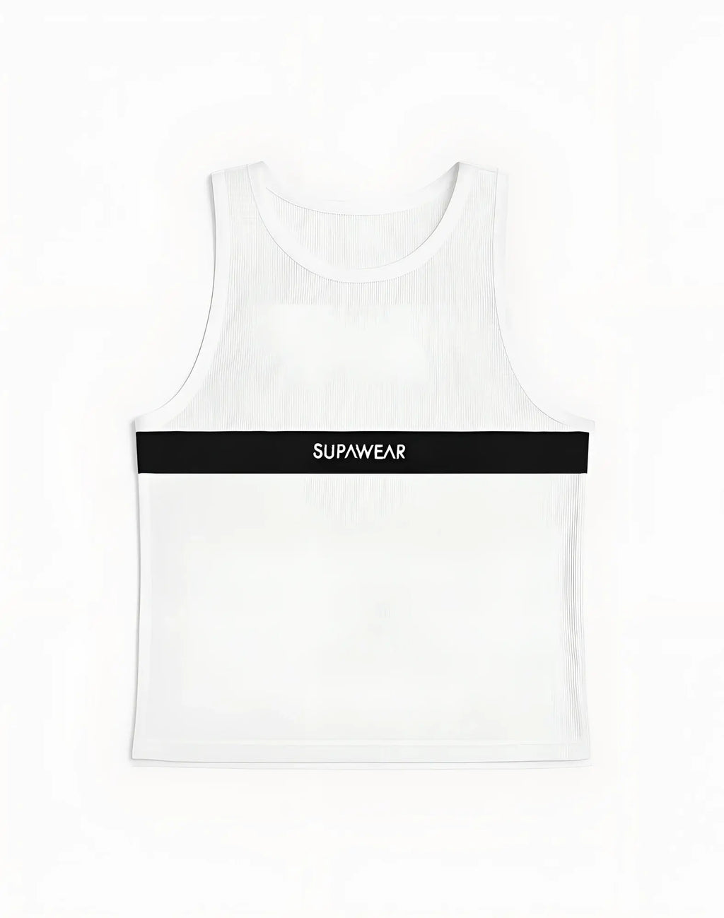 White ribbed mesh tank top with black horizontal band and supawear logo across the chest black and white design
