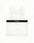 White ribbed mesh tank top with black horizontal band and supawear logo across the chest black and white design