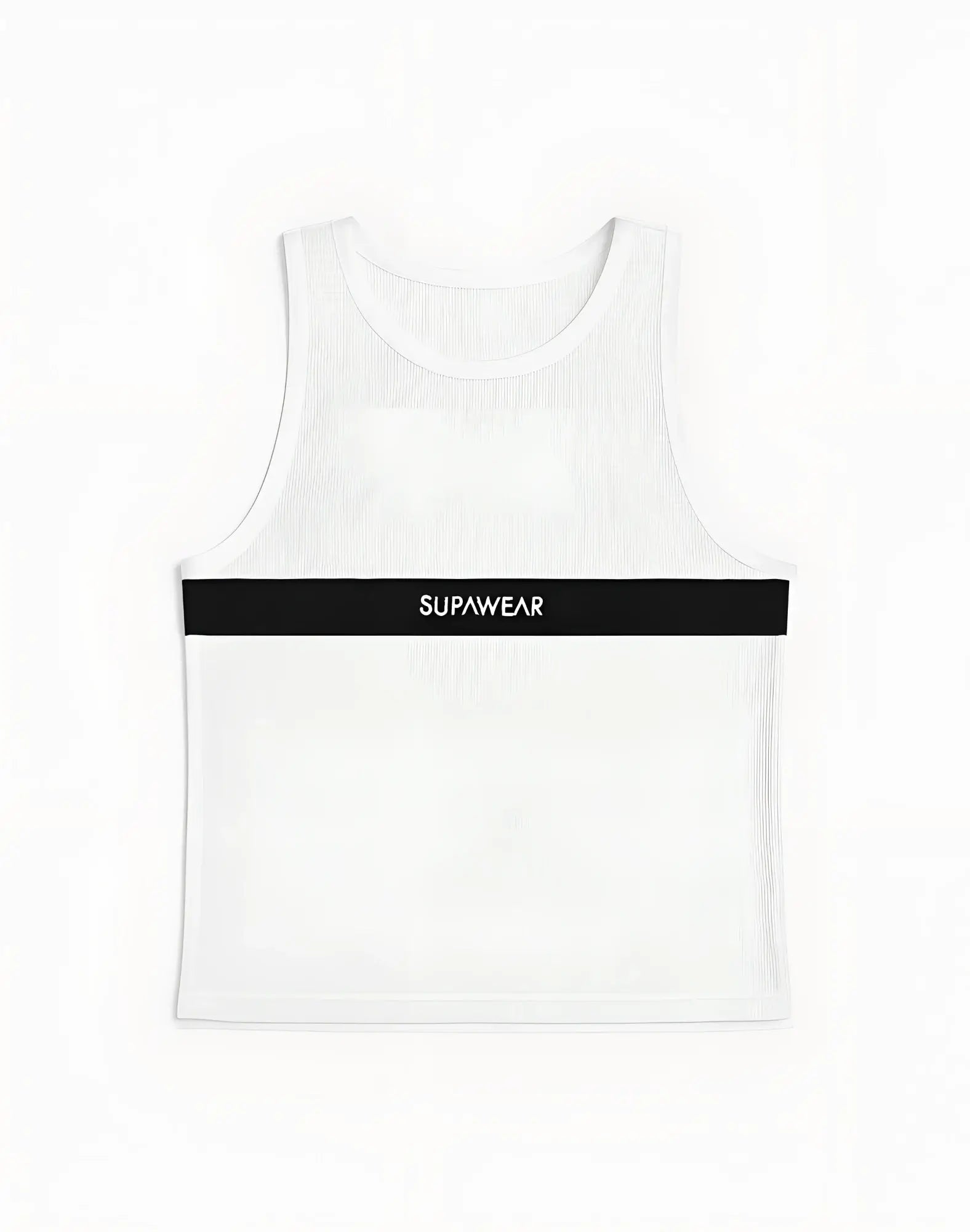 White ribbed mesh tank top with black horizontal band and supawear logo across the chest black and white design