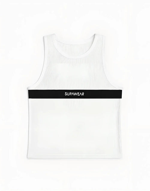 White ribbed mesh tank top with black horizontal band and supawear logo across the chest black and white design