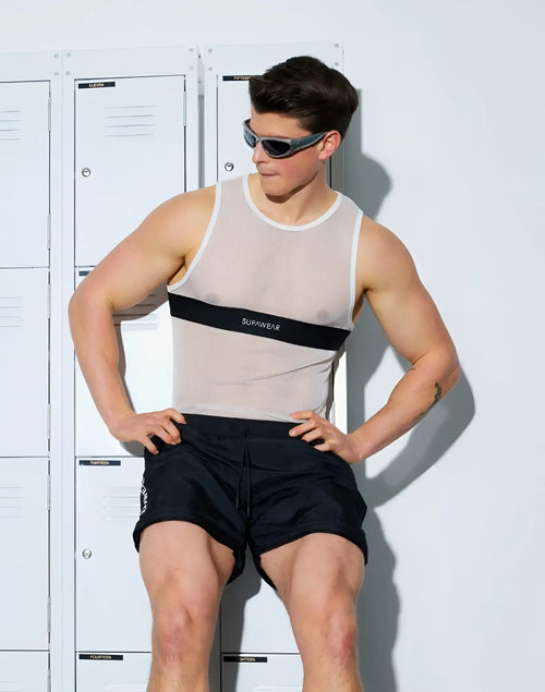 A translucent gray supawear mesh dual tone tank top with a black stripe and white logo across the chest