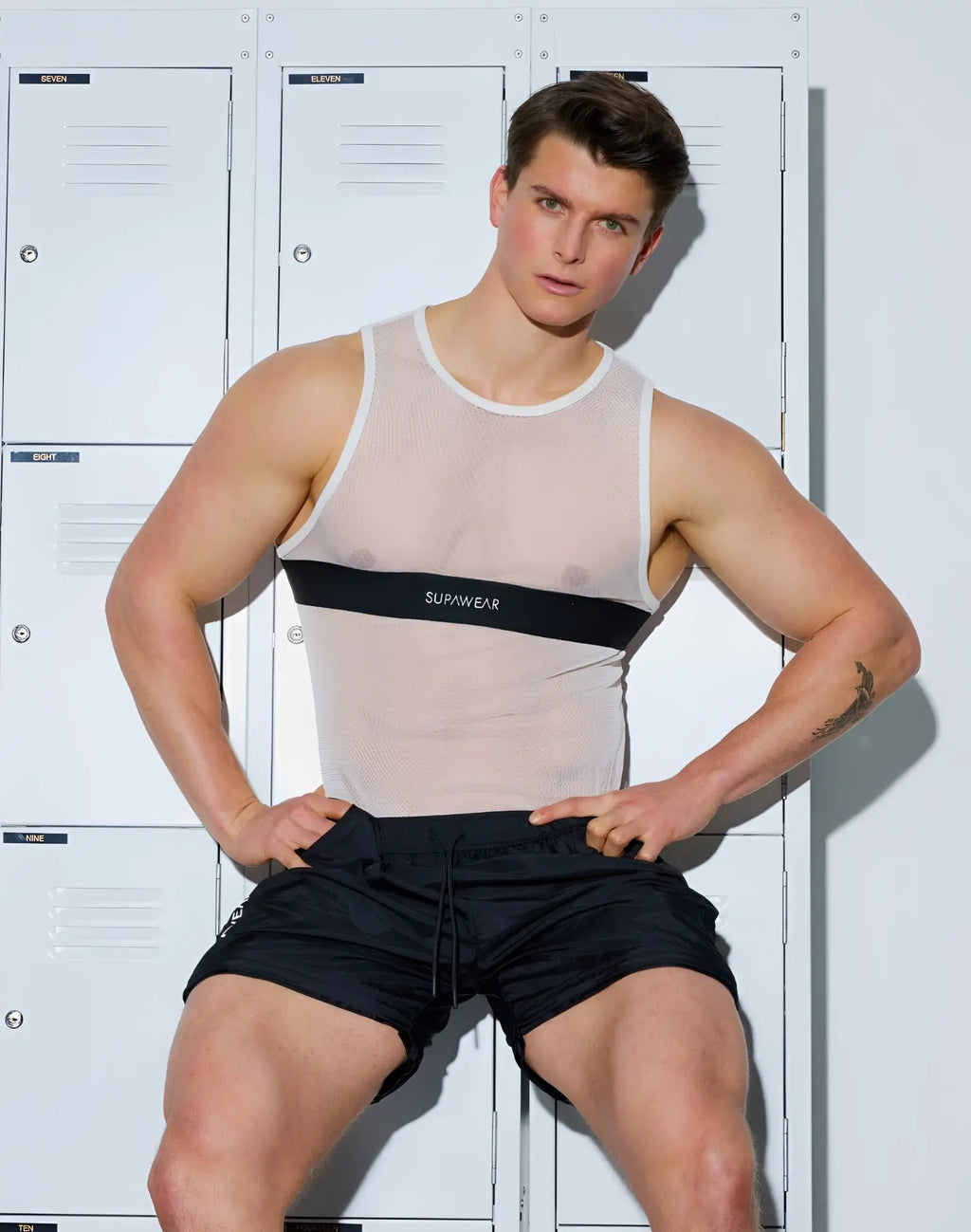 SupaWear mesh dual tone tank black and white with transparent mesh and black band featuring SupaWear logo in white