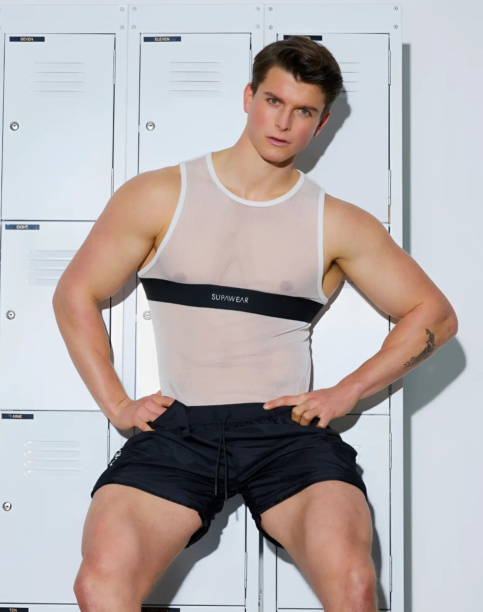 SupaWear mesh dual tone tank black and white with transparent mesh and black band featuring SupaWear logo in white