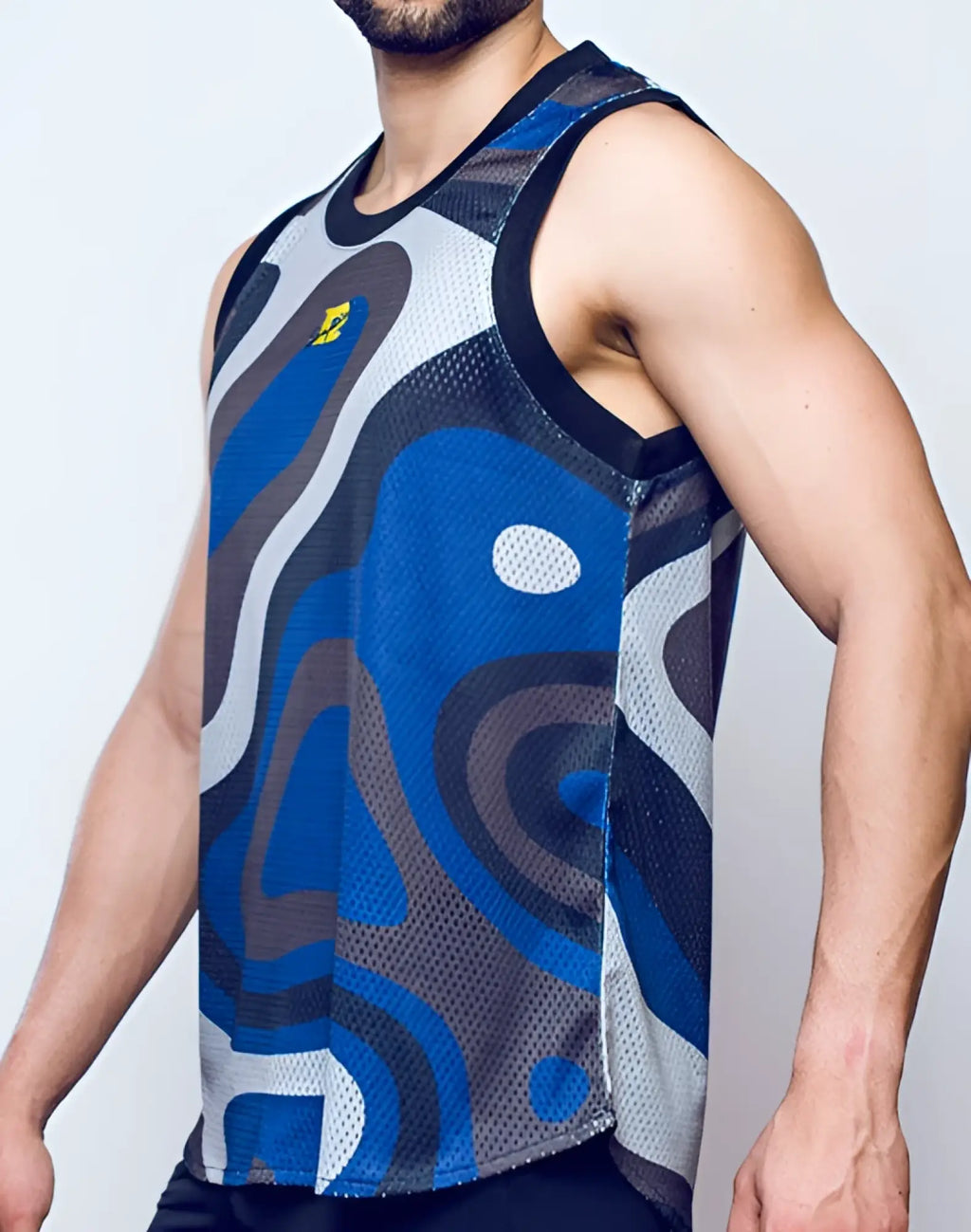 SupaWear mesh jersey tank top in blue gray and white abstract pattern with black trim made of breathable mesh fabric