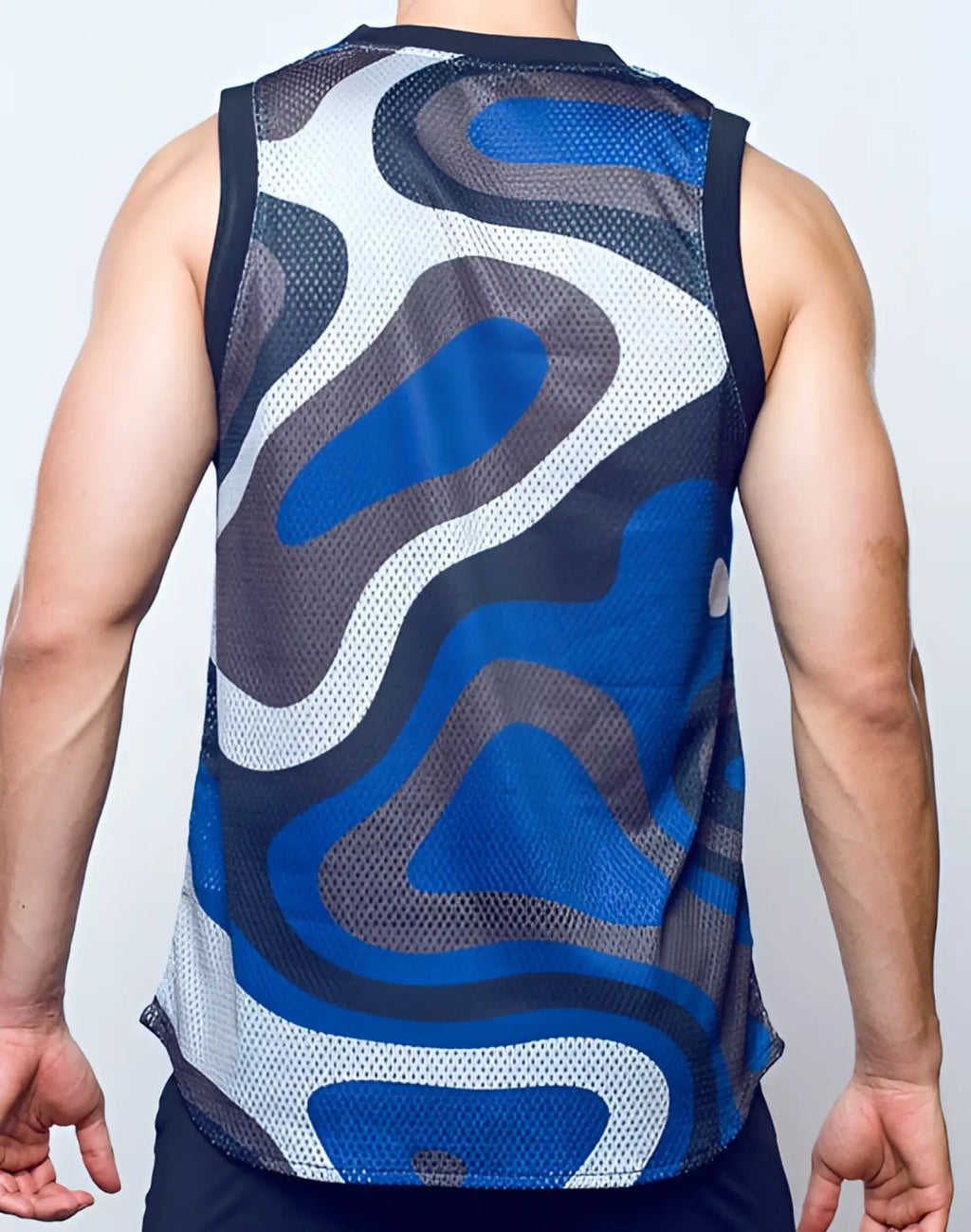 SupaWear mesh jersey tank top with blue gray and white abstract wave pattern and black trim in breathable fabric