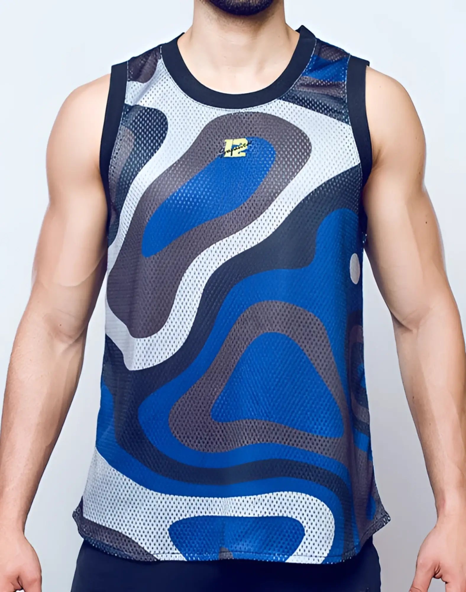 SupaWear mesh jersey tank top in blue gray and white abstract wave-patterned mesh with black trim