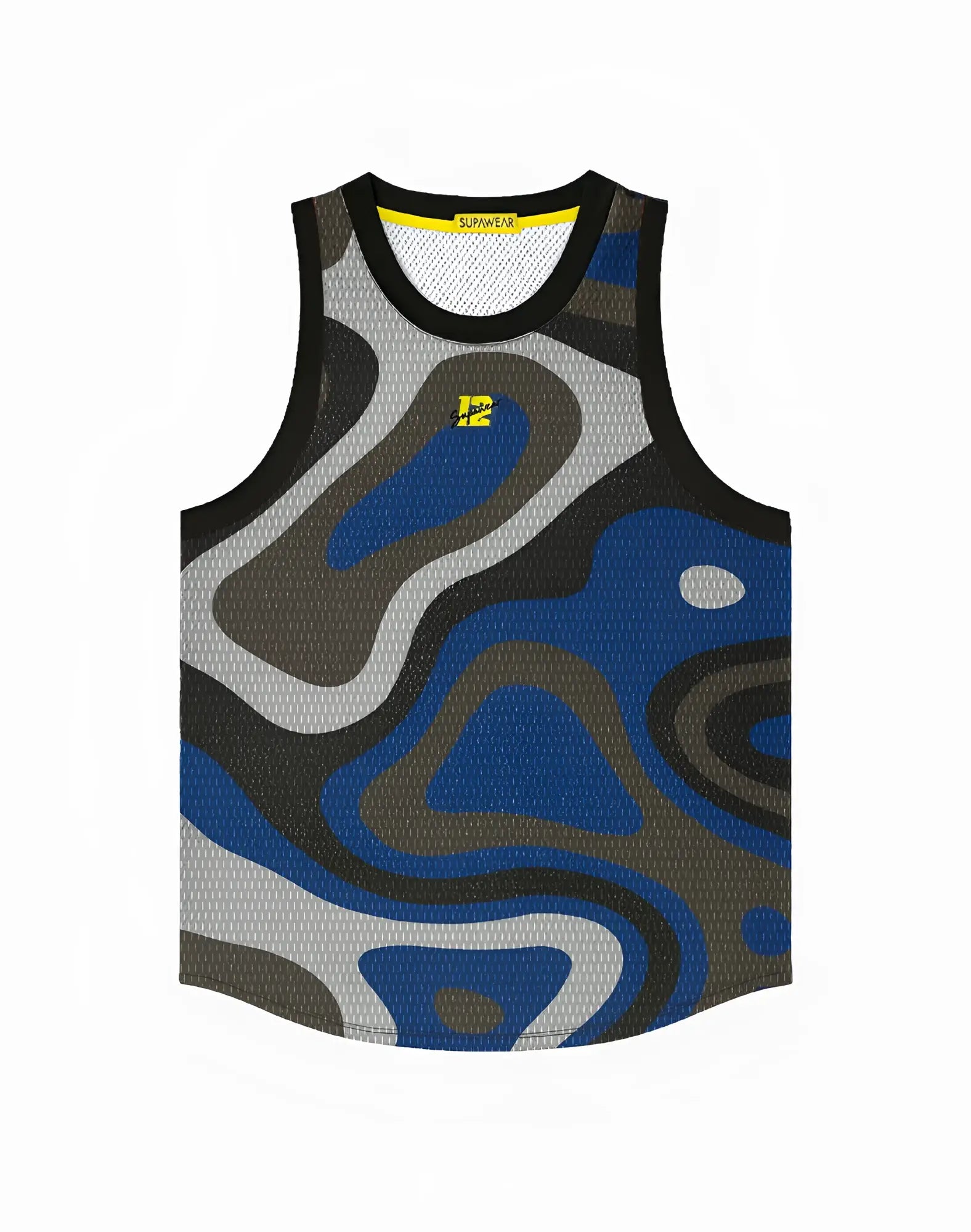 SupaWear sleeveless athletic tank top with bold blue gray black camouflage mesh fabric and black trim