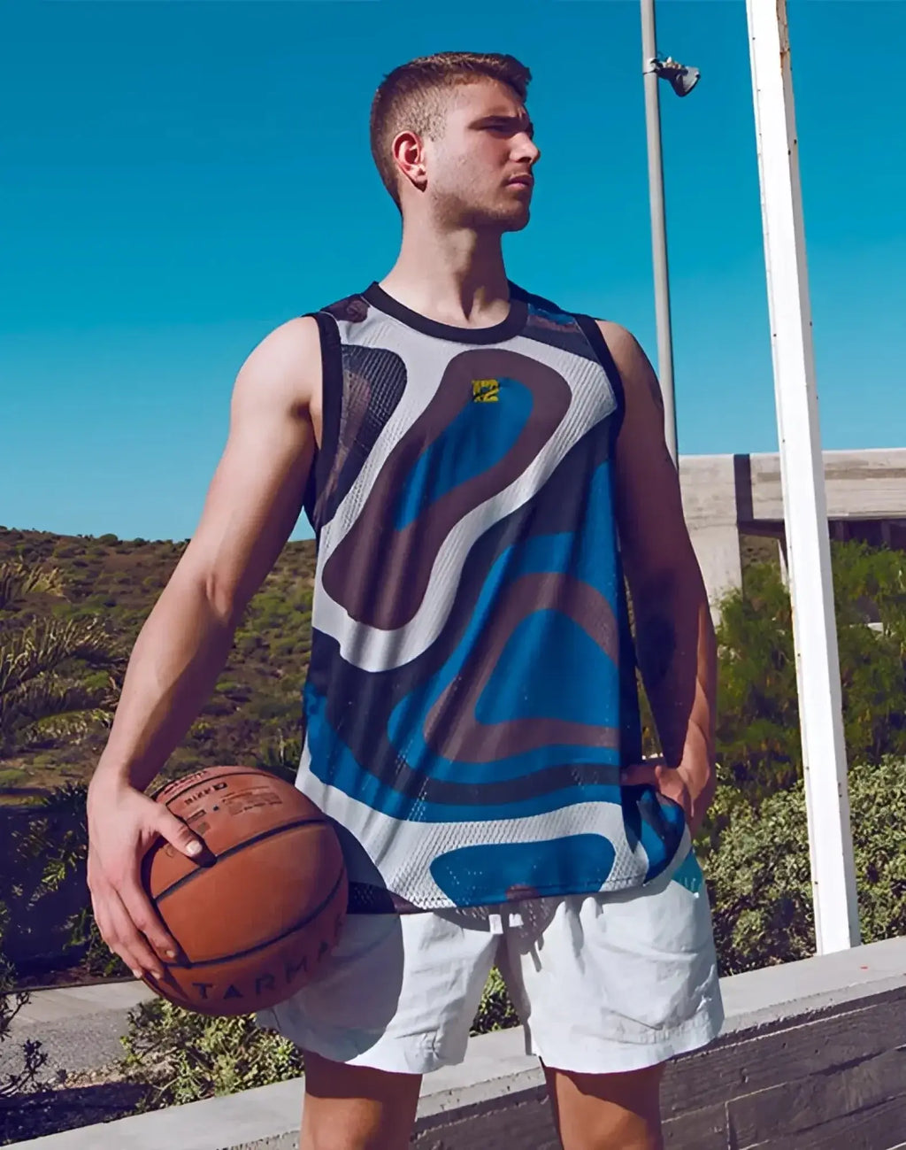 SupaweaR mesh basketball jersey in blue gray and white abstract pattern made of breathable mesh fabric