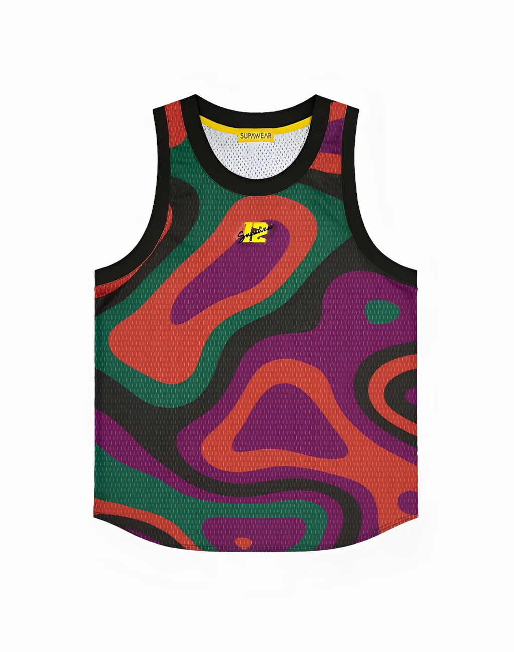 Vibrant multicolored mesh jersey tank top with black trim and yellow SUPAWEAR brand tag in multi print combo design