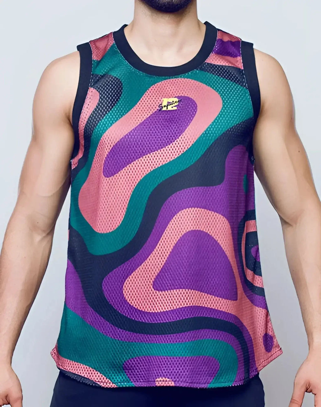 Vibrant multicolored mesh jersey tank top with swirling pink purple and teal patterns from SUPAWEAR multi print combo