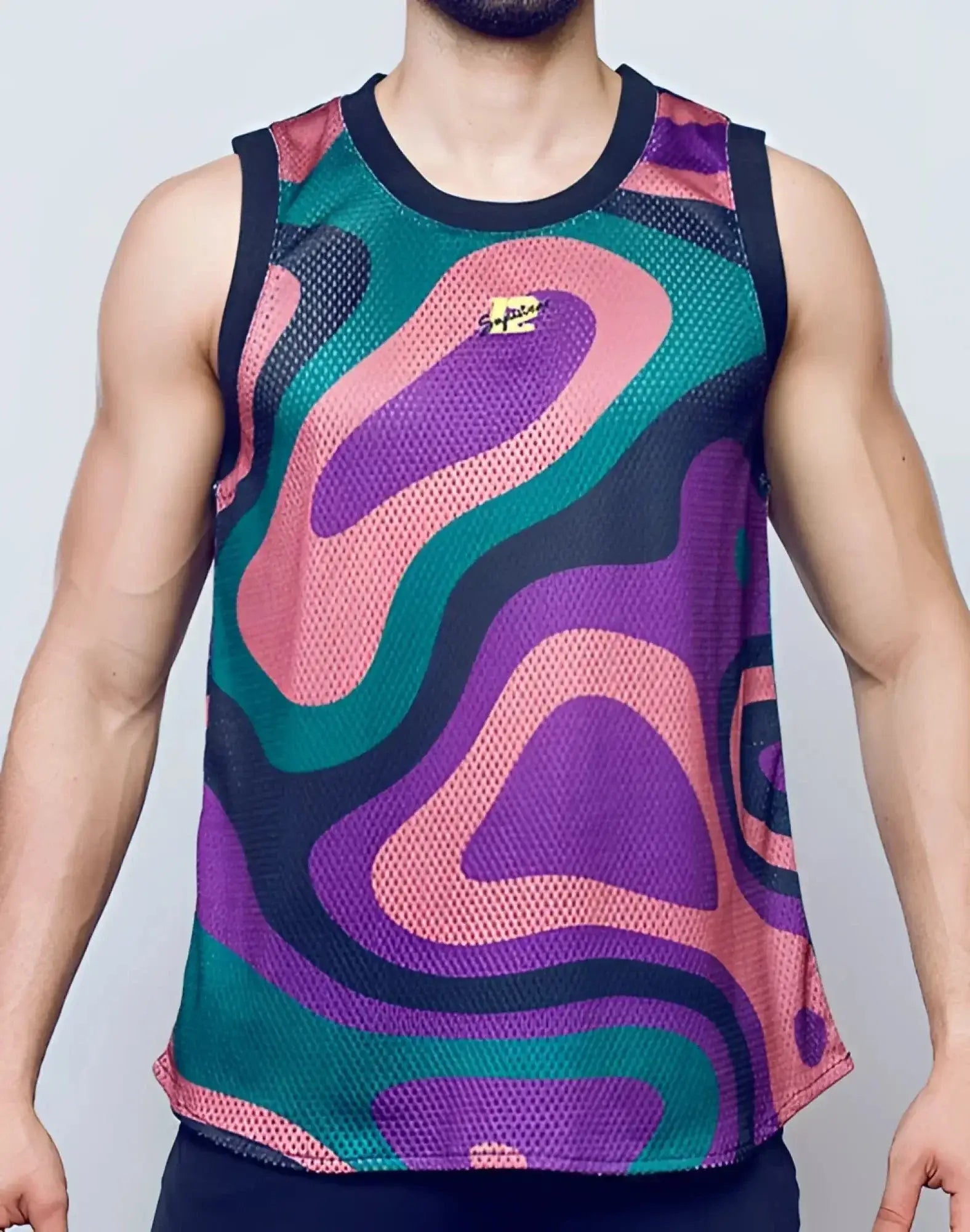 Vibrant multicolored mesh jersey tank top with swirling pink purple and teal patterns from SUPAWEAR multi print combo