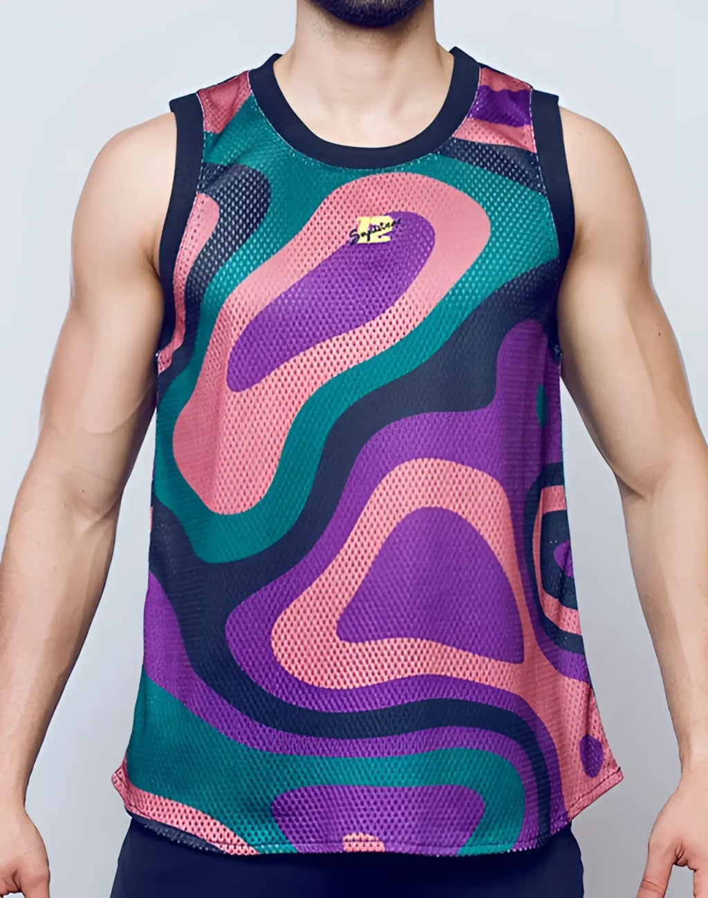 Vibrant multicolored mesh jersey tank top with swirling pink purple and teal patterns from SUPAWEAR multi print combo