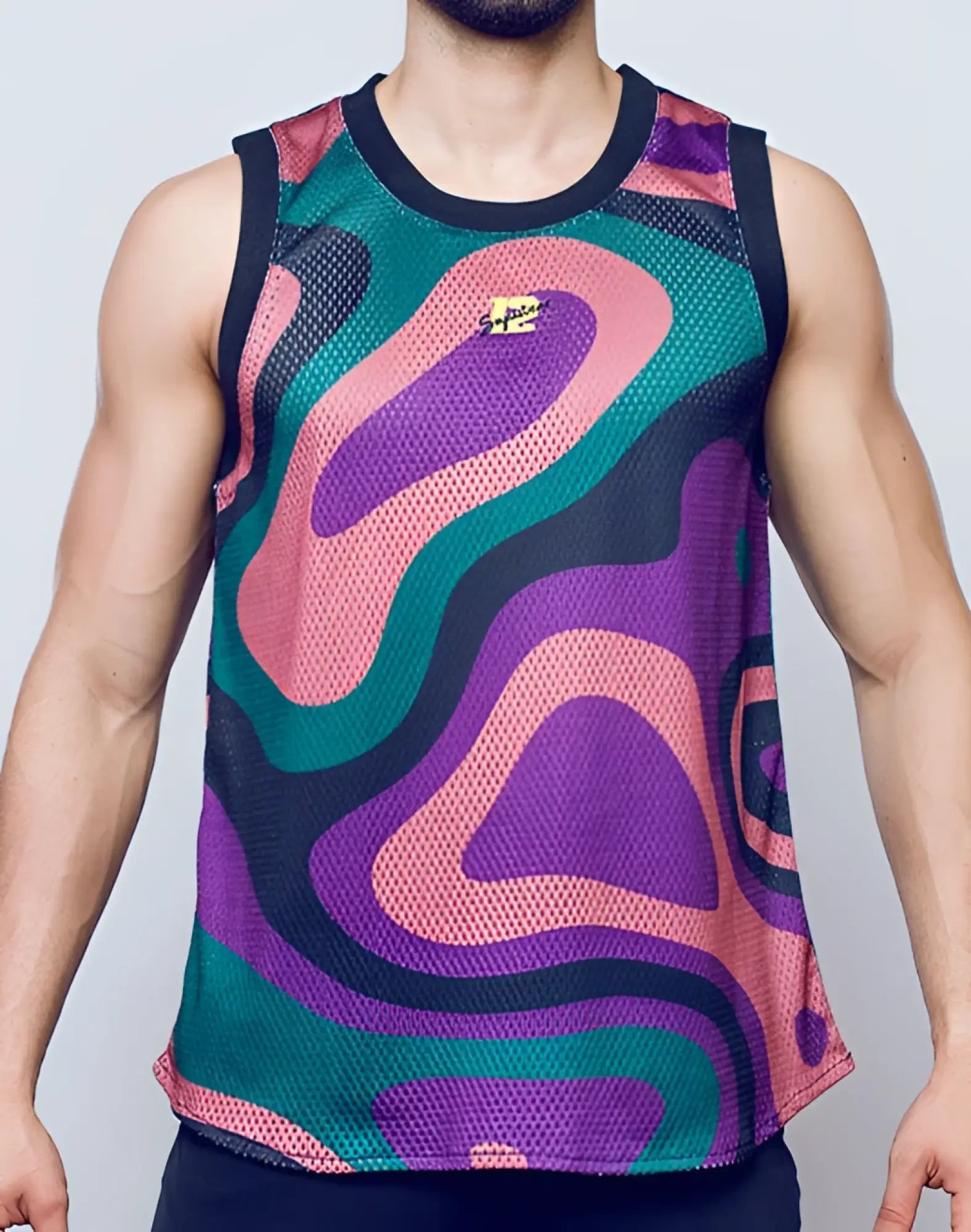 Vibrant multicolored mesh jersey tank top with swirling pink purple and teal patterns from SUPAWEAR multi print combo