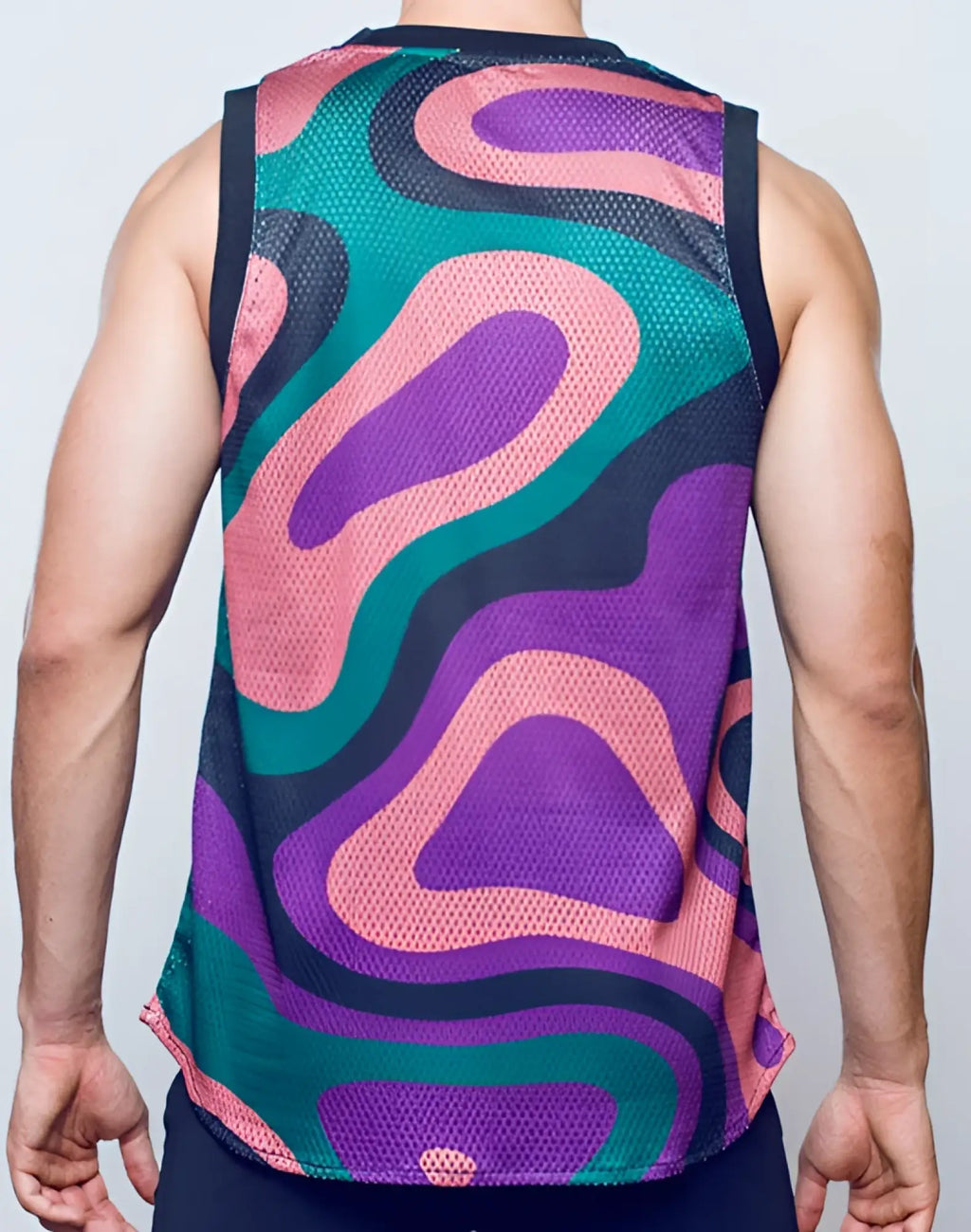 Vibrant sleeveless mesh tank top with psychedelic swirl pattern in purple teal and pink by SUPAWEAR