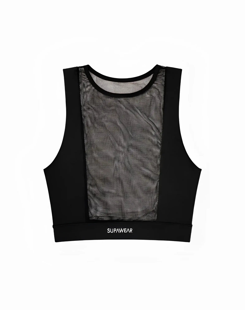 Black mesh crop tank with solid black trim and supawear embroidery at the bottom hem from supawear
