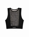 Black mesh crop tank with solid black trim and supawear embroidery at the bottom hem from supawear