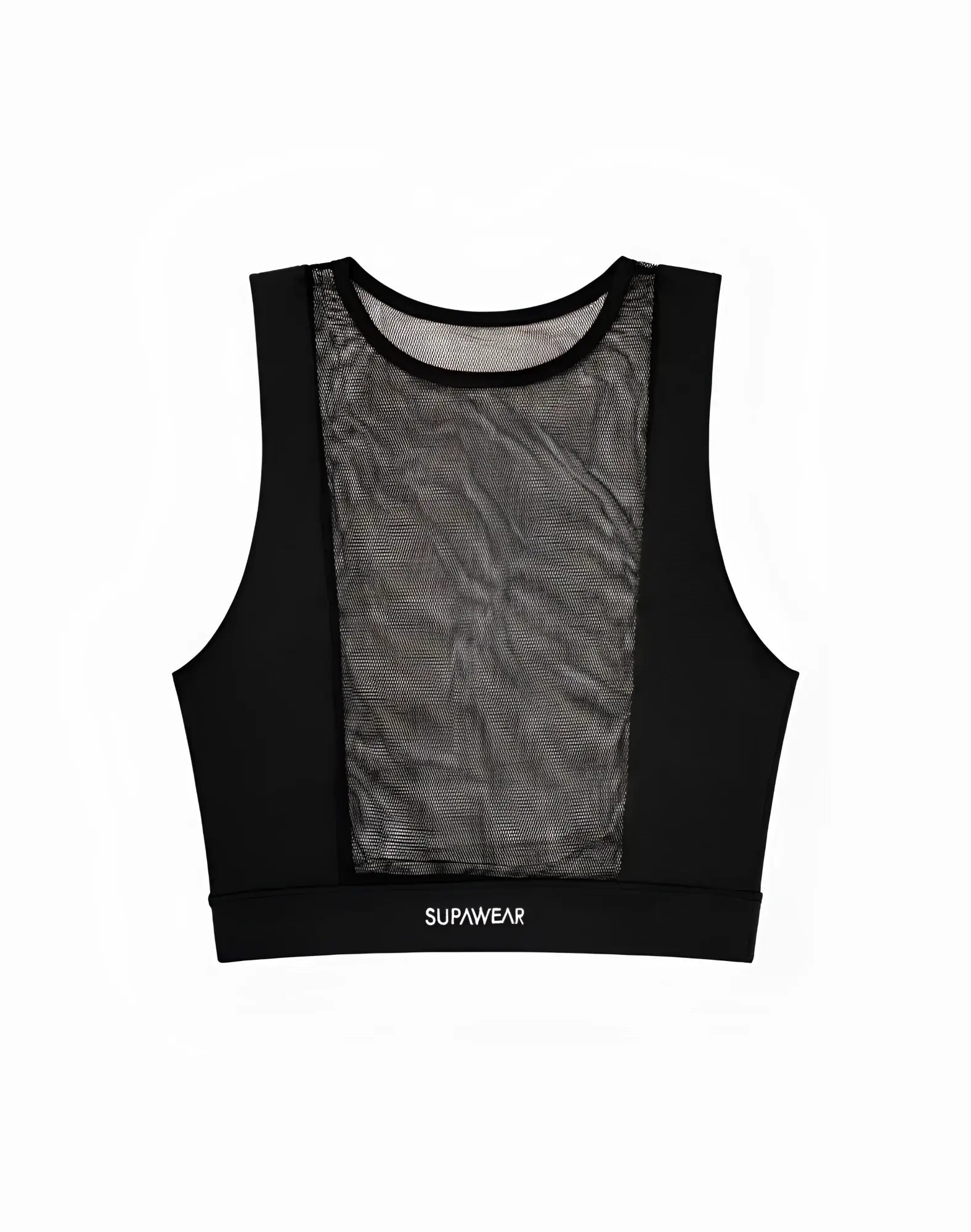 Black mesh crop tank with solid black trim and supawear embroidery at the bottom hem from supawear
