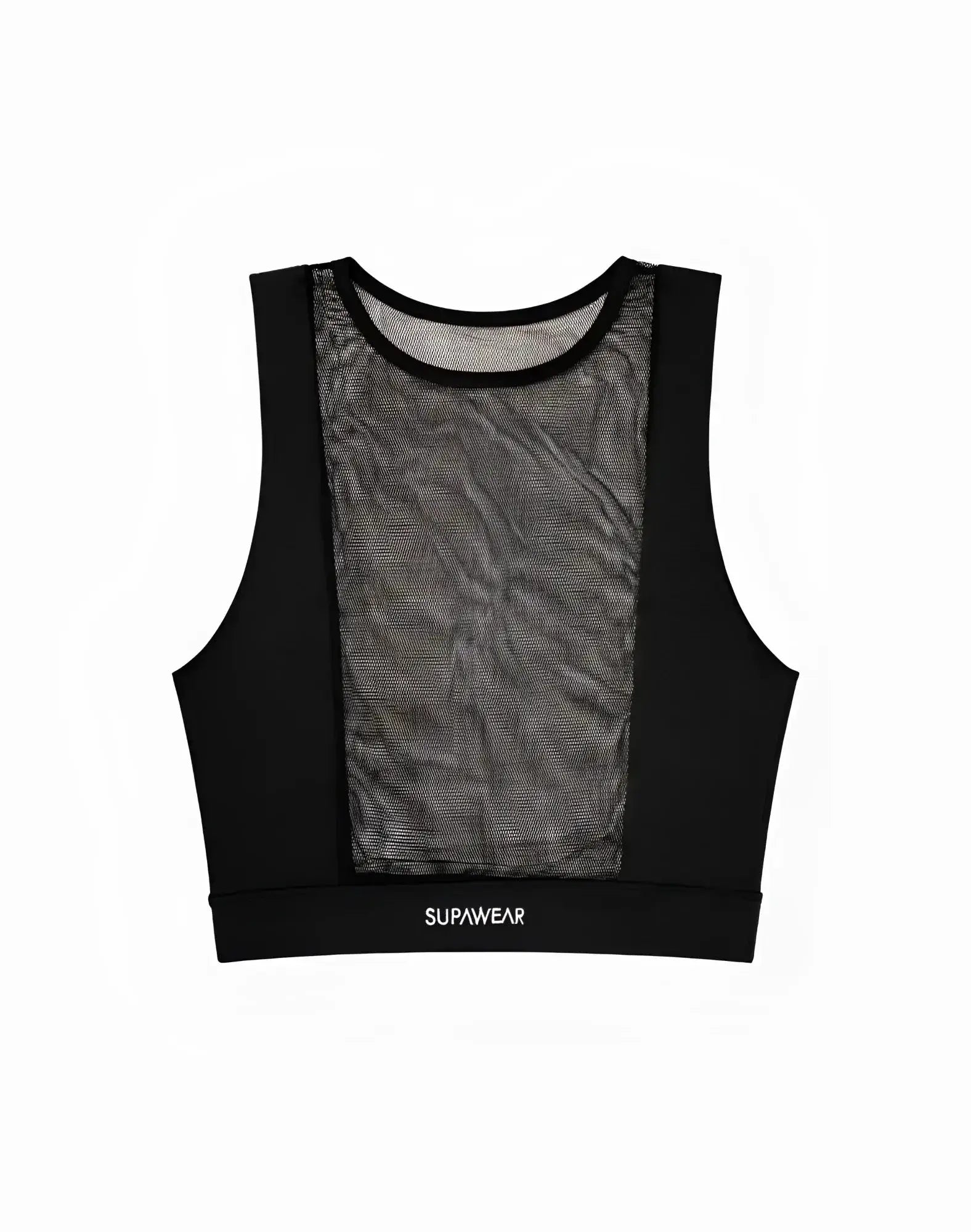 Black mesh crop tank with solid black trim and supawear embroidery at the bottom hem from supawear