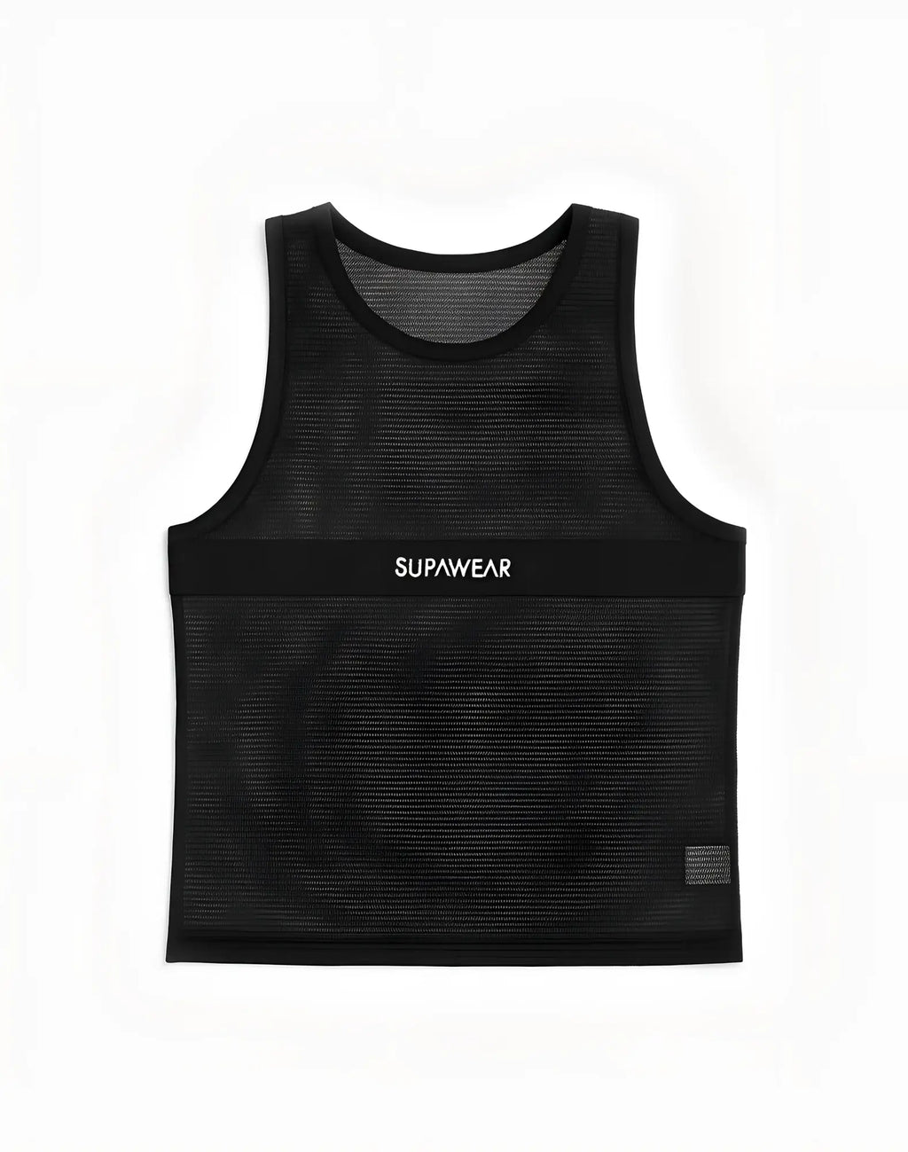 Black mesh tank top with a solid black chest band featuring white supawear branding from the SUPAWEAR Mesh Monotone Tank line