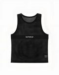 Black mesh tank top with a solid black chest band featuring white supawear branding from the SUPAWEAR Mesh Monotone Tank line