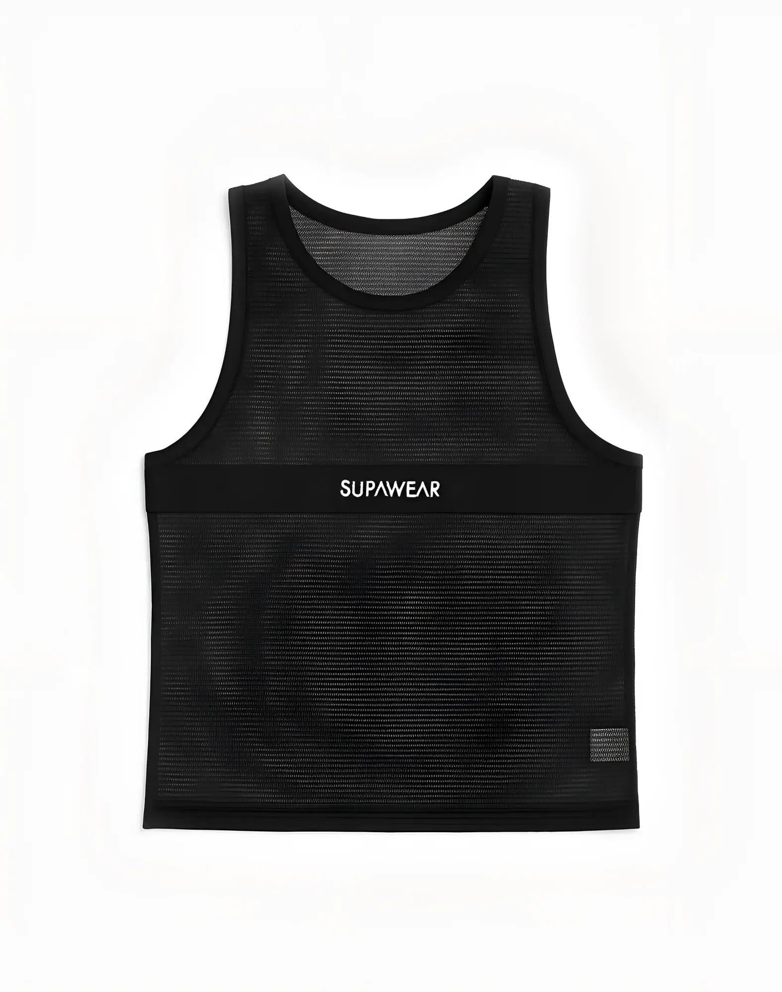 Black mesh tank top with a solid black chest band featuring white supawear branding from the SUPAWEAR Mesh Monotone Tank line