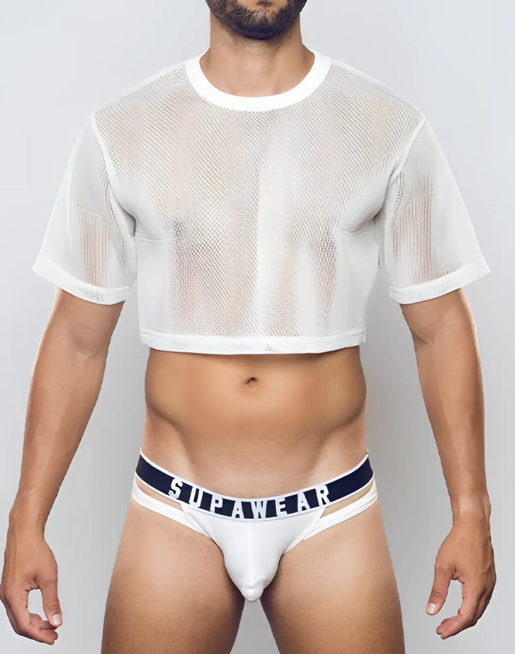 White mesh oversized cropped tee with round neckline and short sleeves paired with supawear briefs waistband
