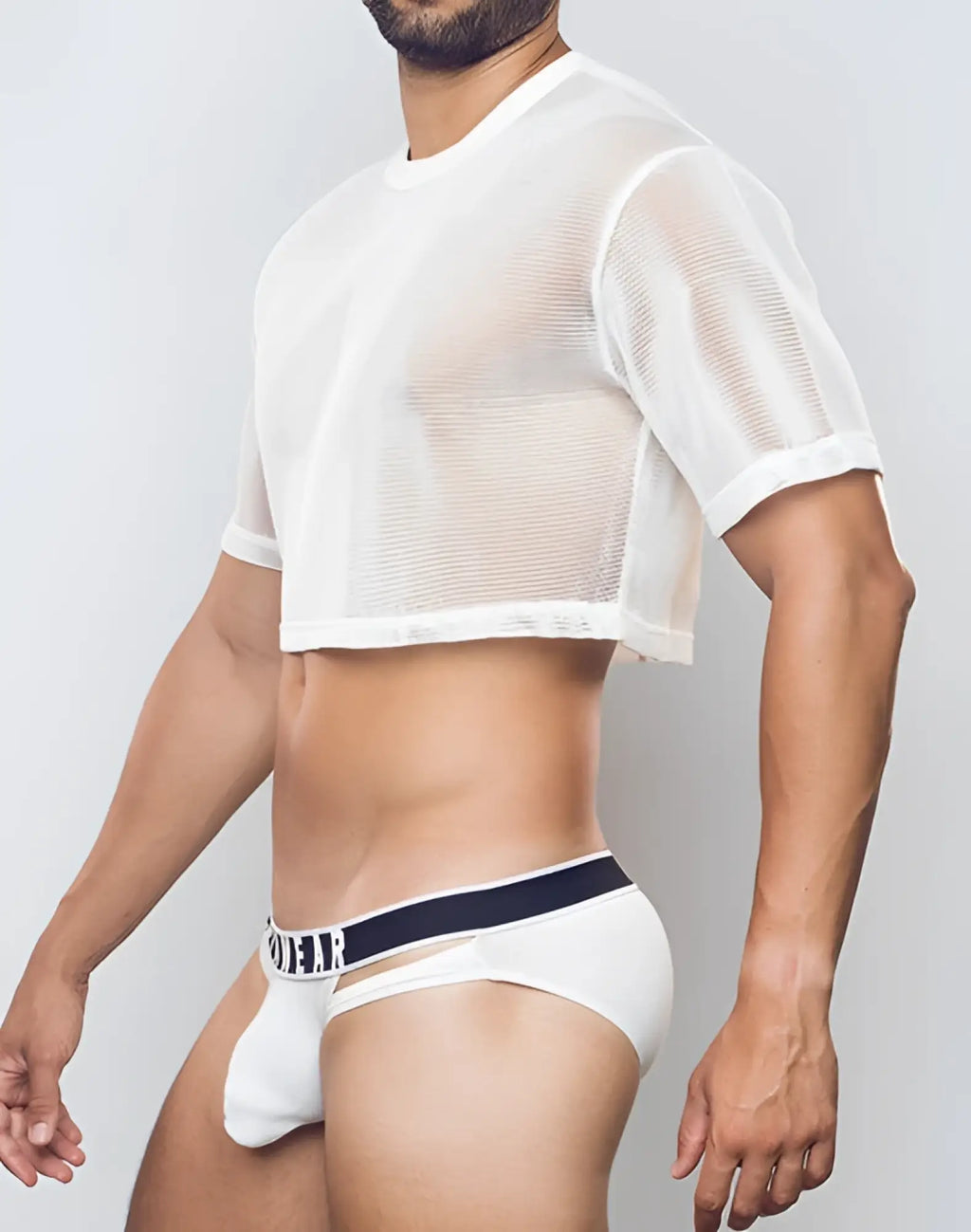 White mesh oversized cropped tee with short sleeves and round neckline from SUPAWEAR in breathable fabric