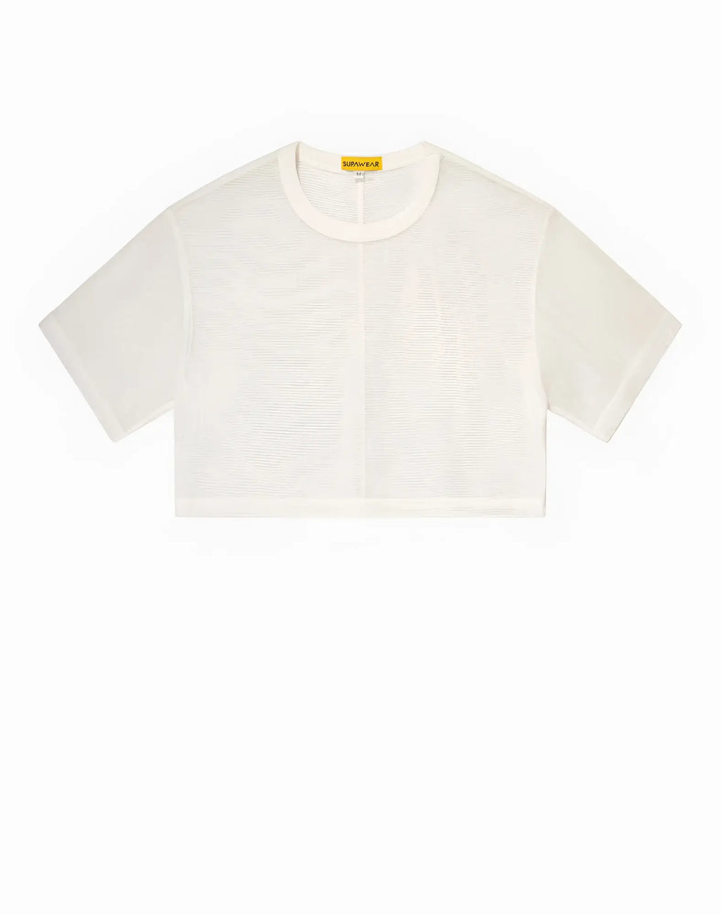 SupaWear mesh oversized cropped tee in white featuring minimalist off-white fabric with subtle vertical ribbing