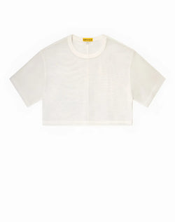SupaWear mesh oversized cropped tee in white featuring minimalist off-white fabric with subtle vertical ribbing