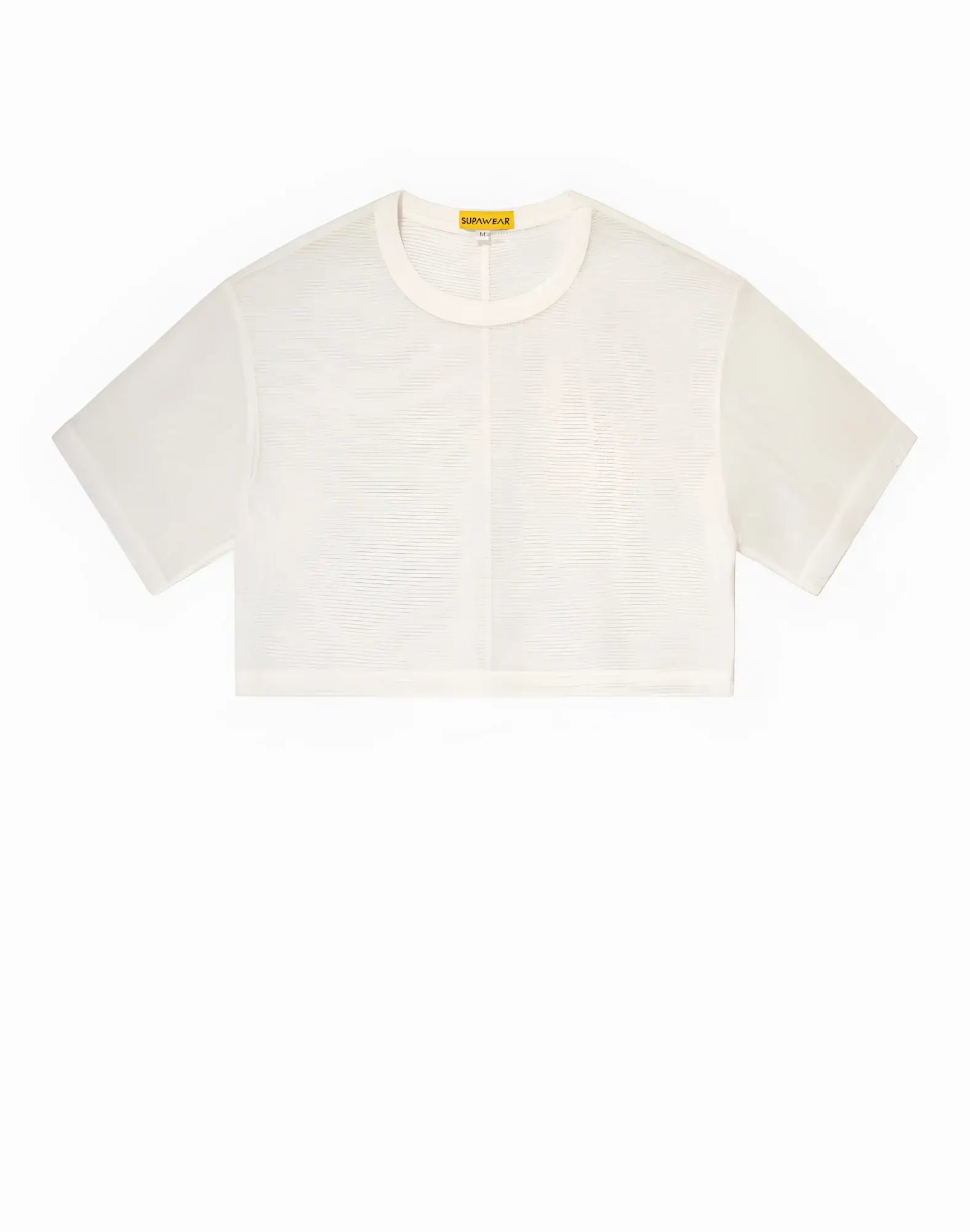 SupaWear mesh oversized cropped tee in white featuring minimalist off-white fabric with subtle vertical ribbing