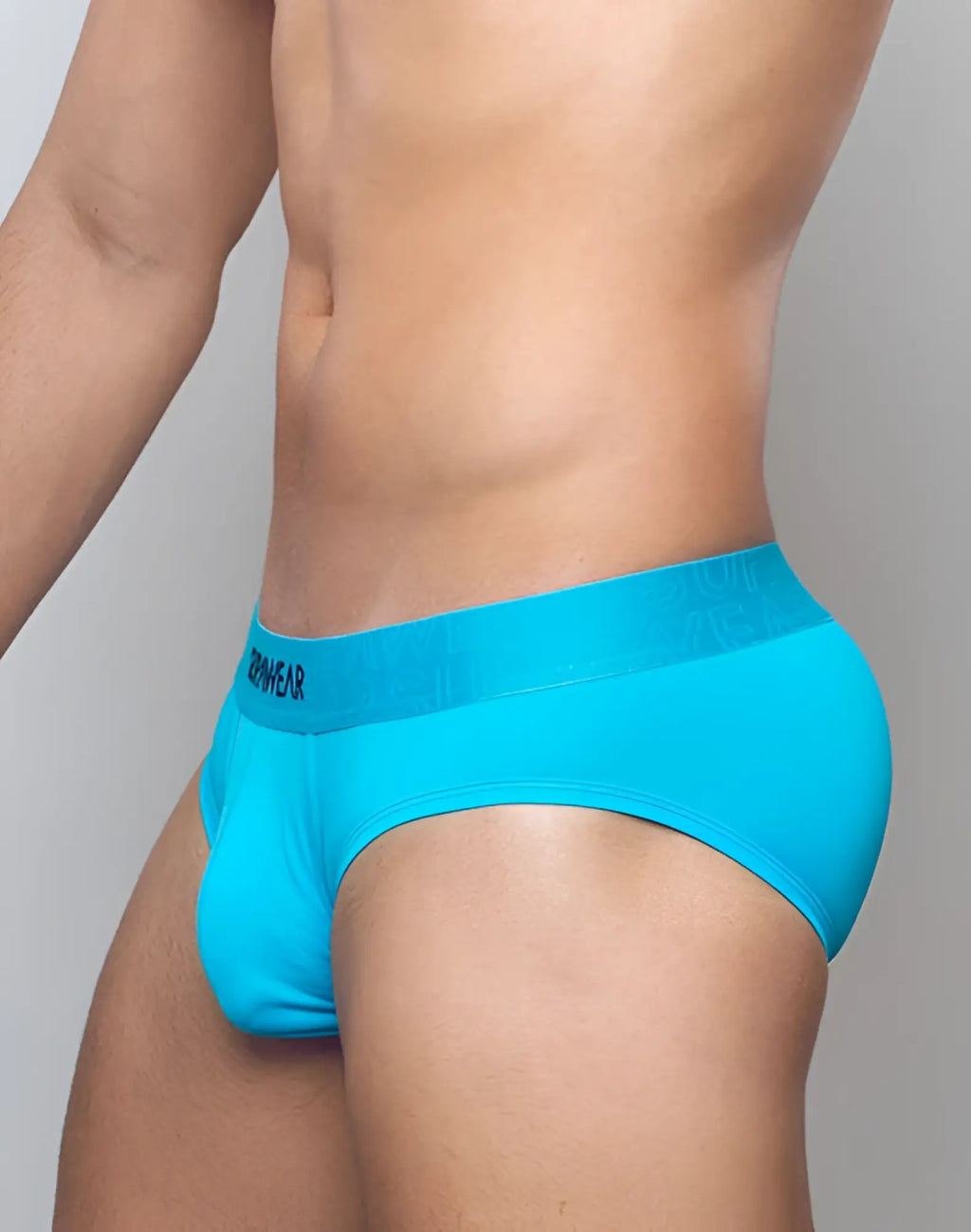 Bright turquoise supawear neon brief underwear with matching elastic waistband branded bravear in dark lettering