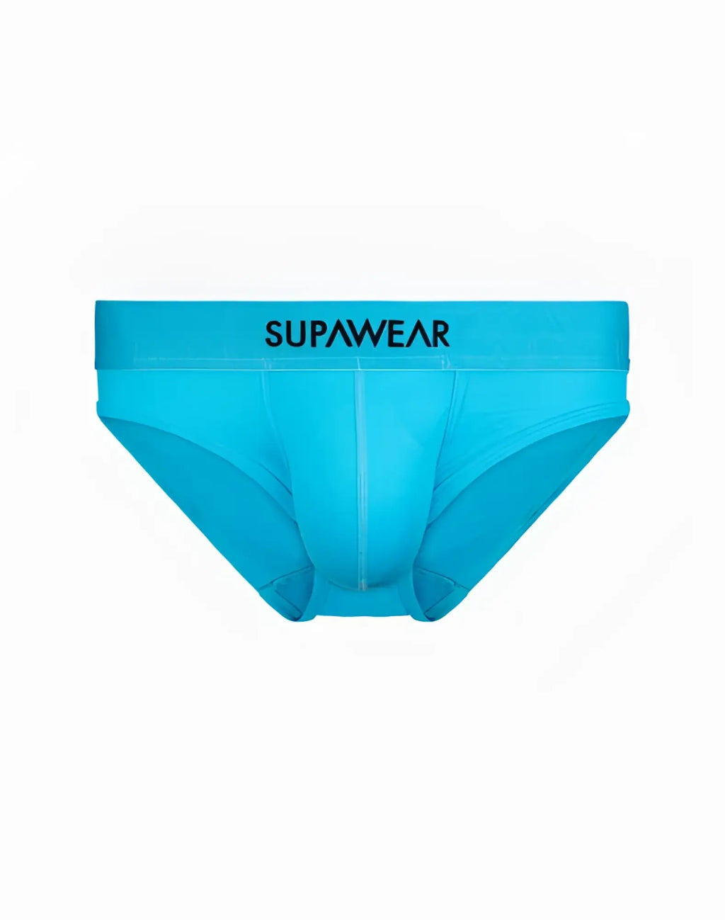 Neon blue supawear briefs with a bright turquoise sleek design and black branding on the waistband by supawear