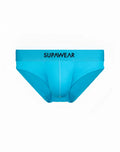 Neon blue supawear briefs with a bright turquoise sleek design and black branding on the waistband by supawear