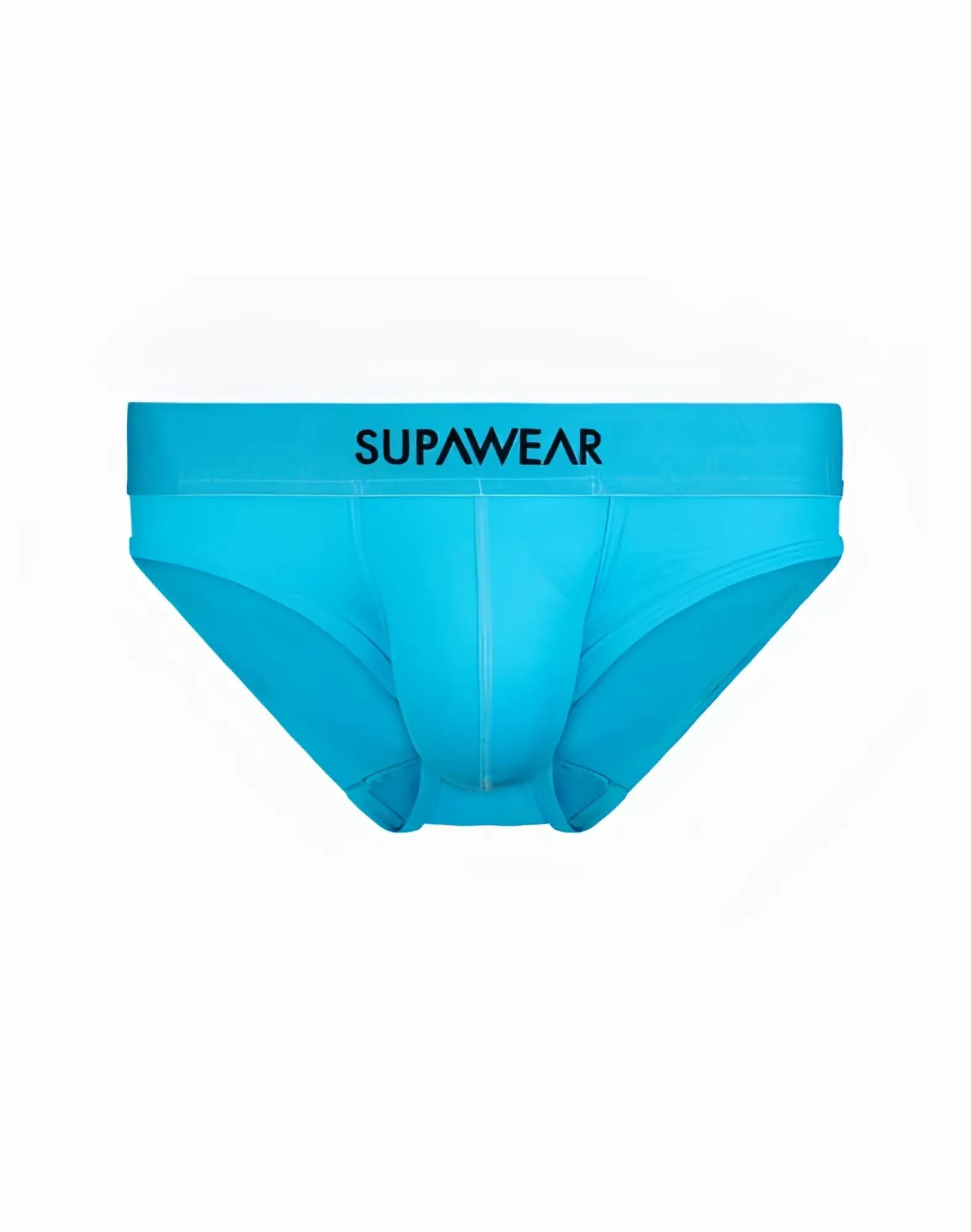 Neon blue supawear briefs with a bright turquoise sleek design and black branding on the waistband by supawear