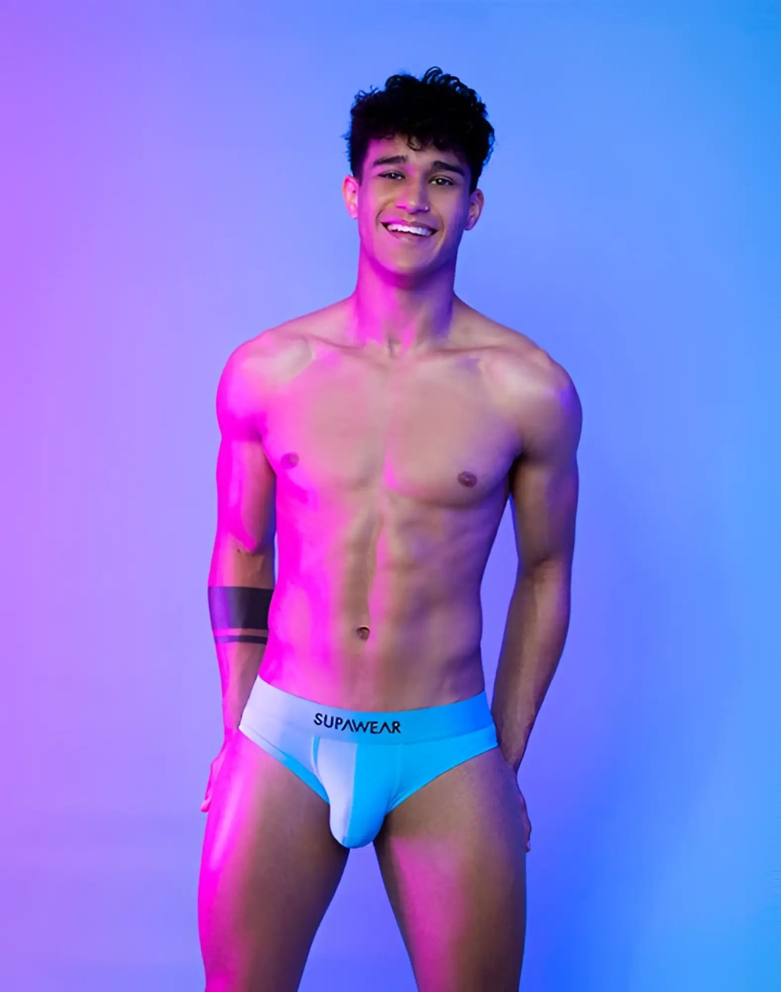 Light blue supawear neon brief underwear with a white waistband designed for comfort and style