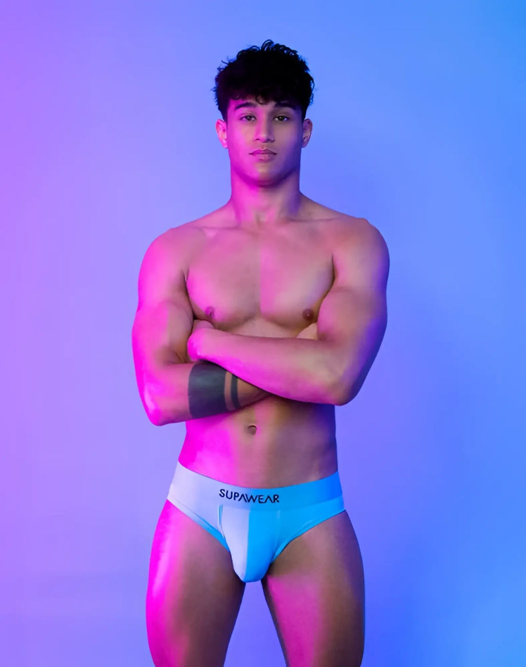 Light blue supawear neon briefs with white waistband designed for comfortable everyday wear