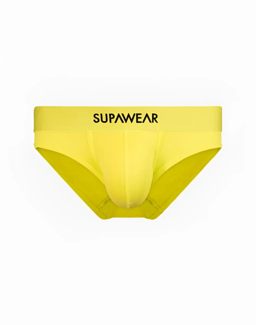 Bright yellow supawear neon brief underwear with a black logo waistband for comfortable everyday wear