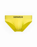 Bright yellow supawear neon brief underwear with a black logo waistband for comfortable everyday wear